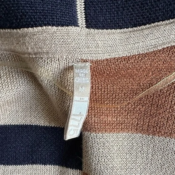 Women's 1775 Long Plaid Vest Cardigan Size M Open Front Sleeveless Tan Blue EXC - Picture 8 of 9